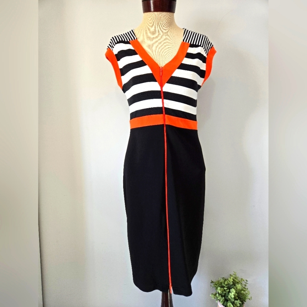 JOSEPH RIBKOFF V Neck Striped Black and Orange Dress. Size 6